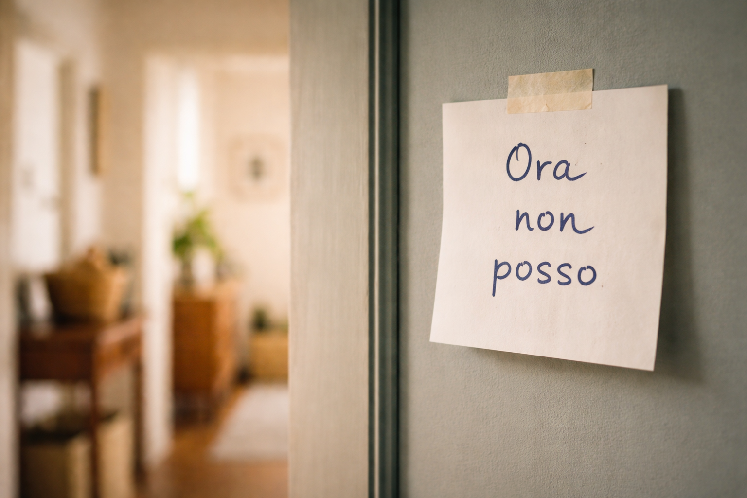 Dettaglio di una porta di casa con cartello discreto 'un momento per me', atmosfera quotidiana e calma
